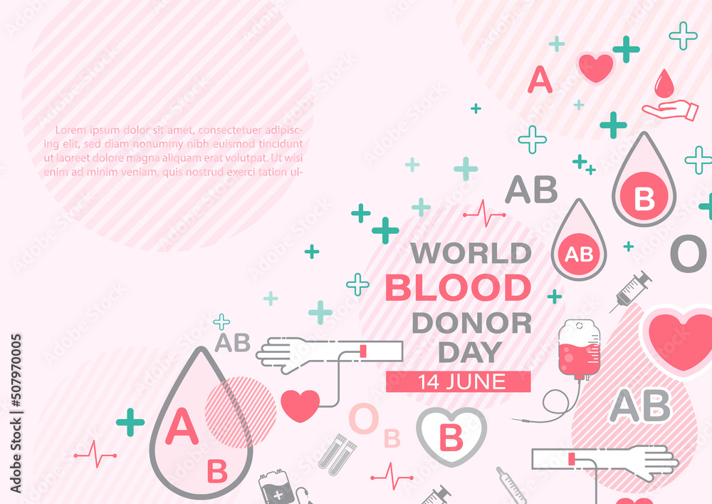 Medical and blood donation icon with wording of World blood donor day on pink background. Poster campaign of world blood donor day in icon flat style and vector design. Medical and blood donation icon with wording of World blood donor day on pink background. Poster campaign of world blood donor day in icon flat style and vector design.