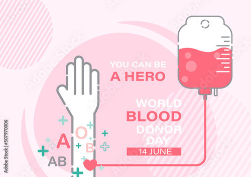 White human hand donating blood with English letters of blood type and wording about world blood donor day on pink background. Poster campaign of world blood donor day in flat style and vector design.