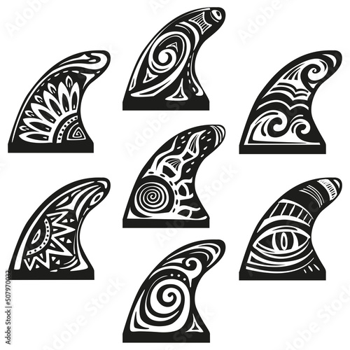 Surfboard Fin decor in Maori surf style