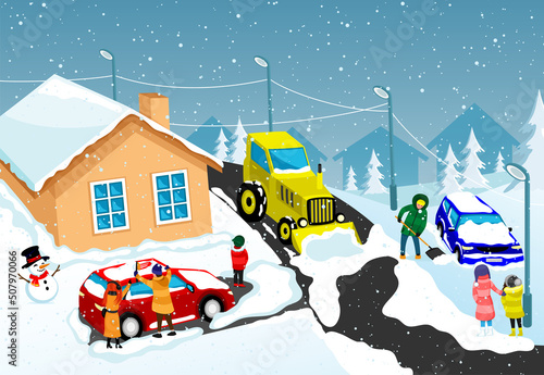 Drivers clean snow-covered cars from snow on a winter background.