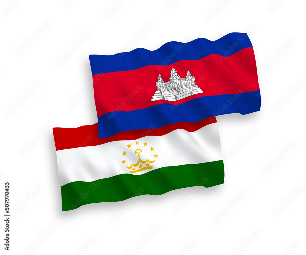 Obraz premium National vector fabric wave flags of Kingdom of Cambodia and Tajikistan isolated on white background. 1 to 2 proportion.