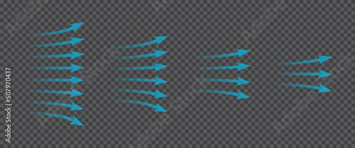 Air flow. Set of blue arrows showing direction of air movement. Wind direction arrows. Blue cold fresh stream from the conditioner. Vector illustration isolated on transparent background.