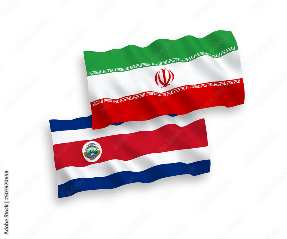 Naklejka premium National vector fabric wave flags of Republic of Costa Rica and Iran isolated on white background. 1 to 2 proportion.
