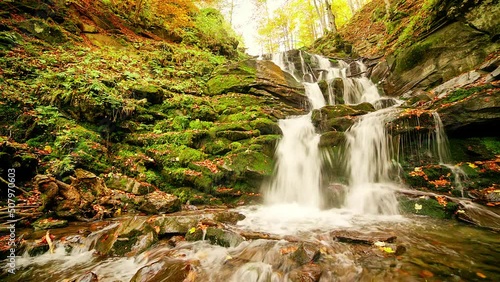 Ukpaine. Waterfall among the mossy rocks. Beautiful landscape rapids on a mountains river in autumn forest in carpathian mountains at sunset. Silver stream in National park Shypit Carpat. Pilipets. photo