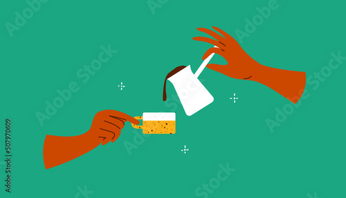 Man or woman hands pouring black coffee from cezve to ceramic cup. Preparing hot morning drink. Barista holding coffee break utensils. Dark beverage in speckled mug. Art breakfast vector illustration