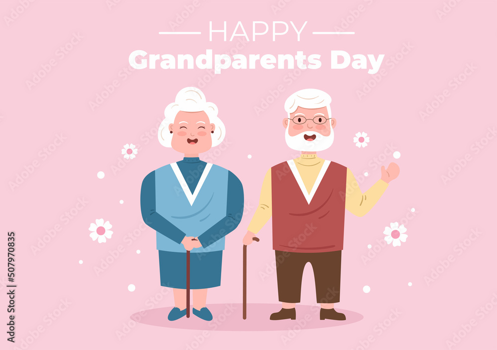 Happy Grandparents Day Cute Cartoon Illustration with Older Couple, Flower Decoration, Grandpa and Grandma in Flat Style for Poster or Greeting Card Happy Grandparents Day Cute Cartoon Illustration with Older Couple, Flower Decoration, Grandpa and Grandma in Flat Style for Poster or Greeting Card