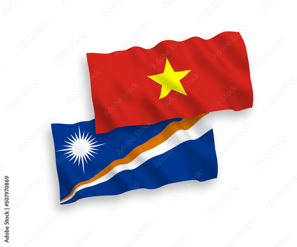 National vector fabric wave flags of Republic of the Marshall Islands and Vietnam isolated on white background. 1 to 2 proportion. National vector fabric wave flags of Republic of the Marshall Islands and Vietnam isolated on white background. 1 to 2 proportion.