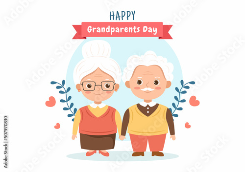 Happy Grandparents Day Cute Cartoon Illustration with Older Couple, Flower Decoration, Grandpa and Grandma in Flat Style for Poster or Greeting Card