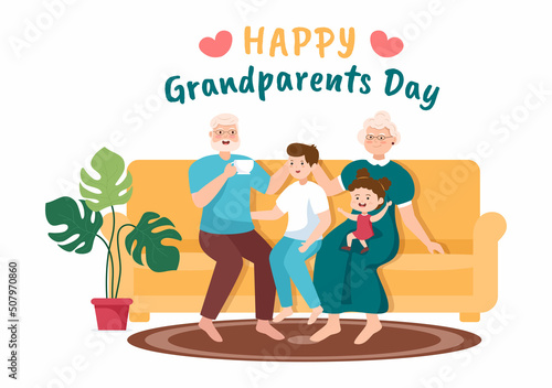 Happy Grandparents Day Cute Cartoon Illustration with Grandchild, Older Couple, Flower Decoration, Grandpa and Grandma in Flat Style for Poster