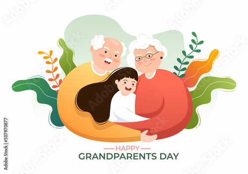 Happy Grandparents Day Cute Cartoon Illustration with Grandchild, Older Couple, Flower Decoration, Grandpa and Grandma in Flat Style for Poster