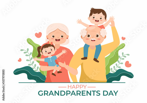 Happy Grandparents Day Cute Cartoon Illustration with Grandchild, Older Couple, Flower Decoration, Grandpa and Grandma in Flat Style for Poster
