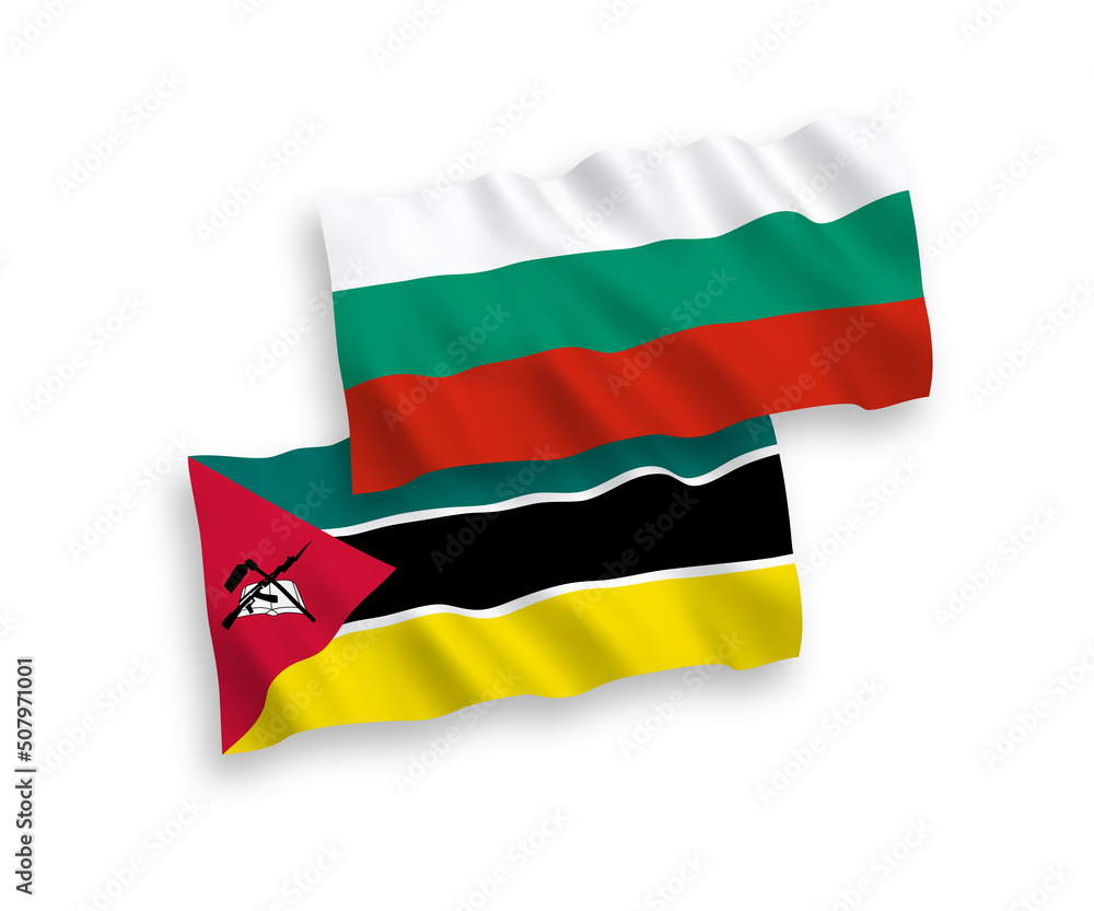 Obraz premium National vector fabric wave flags of Bulgaria and Republic of Mozambique isolated on white background. 1 to 2 proportion.
