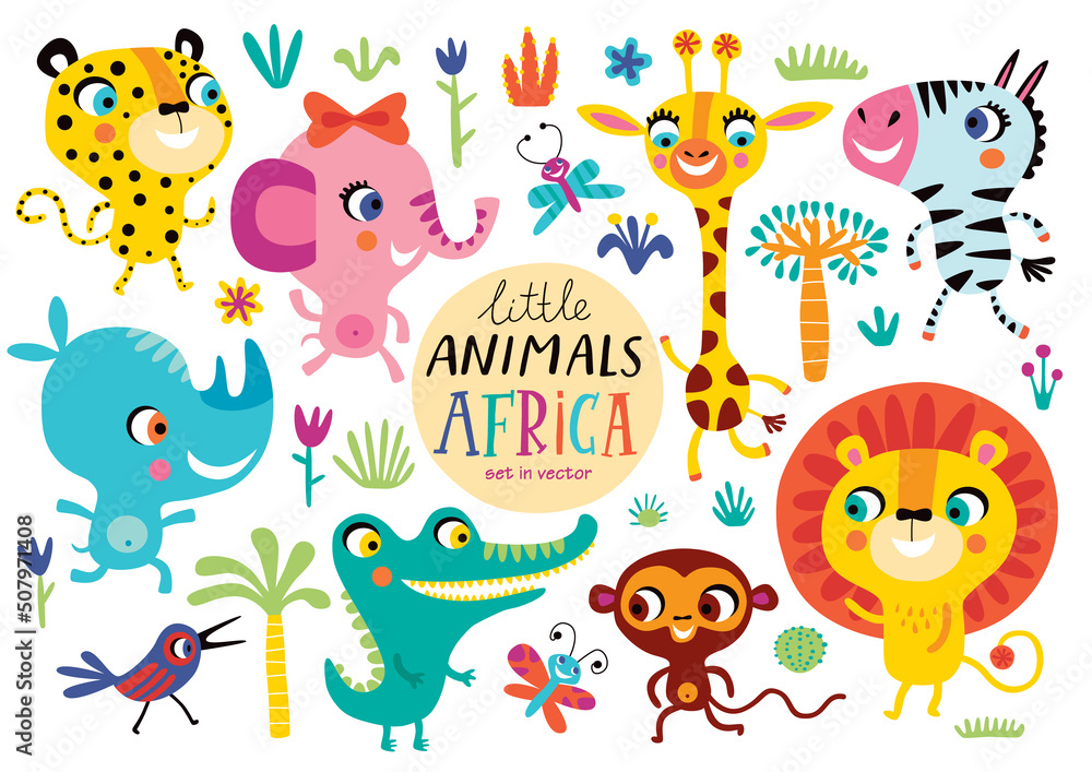 Naklejka premium Cute African animals on a white background. Childish vector illustration of elephant, lion, giraffe, Zebra, Rhino, crocodile, monkey, butterfly, bird and leopard.