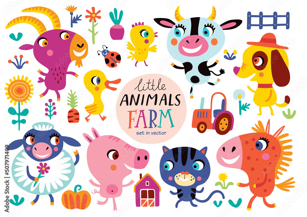 Cute farm animals on a white background. Childish vector illustration of cock, piggy, dog, sheep, chicken, horse, cow, duckling, goat and cat. Cute farm animals on a white background. Childish vector illustration of cock, piggy, dog, sheep, chicken, horse, cow, duckling, goat and cat.