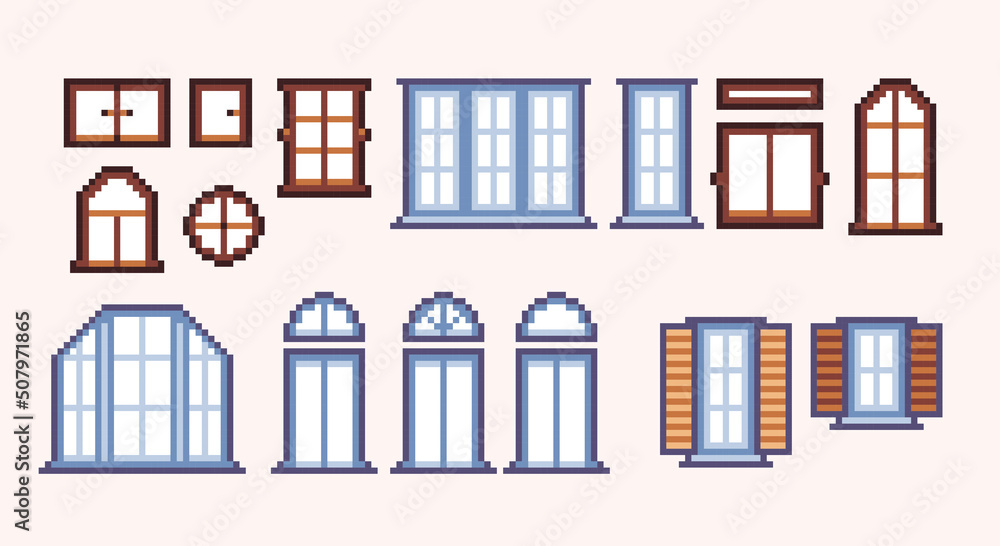 Windows pixel art set. House facade elements collection. 8 bit sprite. Game development, mobile app.  Isolated vector illustration.