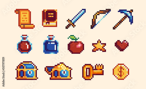 Different rpg elements pixel art set. Weapon, potion, treasure, scroll, food collection. 8 bit sprite. Game development, mobile app.  Isolated vector illustration.