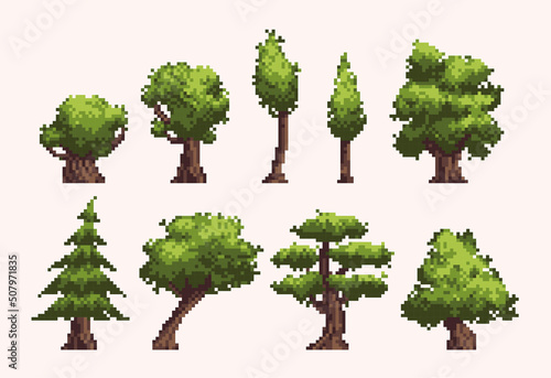 Different trees pixel art icon set. Forest flora species logo collection. 8-bit sprite. Game development  mobile app. Isolated vector illustration.