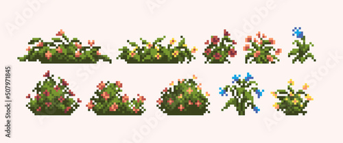 Backyard bushes pixel art icon set. Tropical shrub, logo collection. 8-bit sprite. Game development, mobile app. Isolated vector illustration.