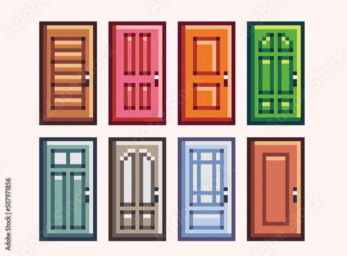 Different doors pixel art set. House entrances collection. 8 bit sprite. Game development, mobile app. Isolated vector illustration.