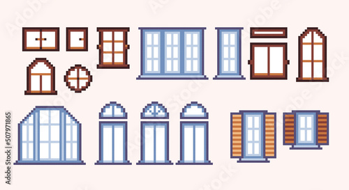 Windows pixel art set. House facade elements collection. 8 bit sprite. Game development, mobile app. Isolated vector illustration.