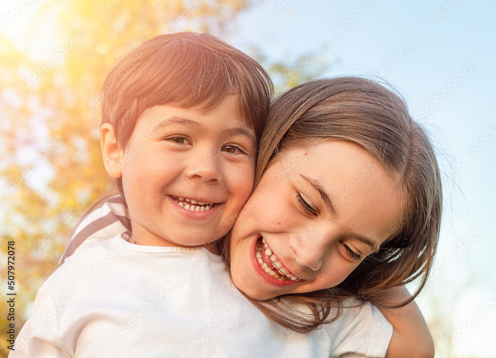 portrait two children close-up outdoors