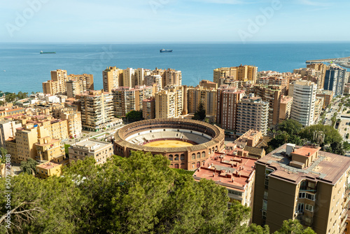 Malaga panoramic view of the bullfight arena and the seaside