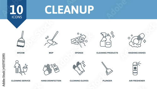 Cleanup set icon. Editable icons cleanup theme such as broom, sponge, washing dishes and more.