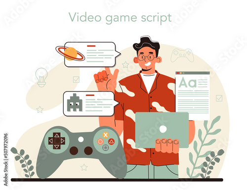 Screenwriter concept. Playwright create a screenplay for a video game.