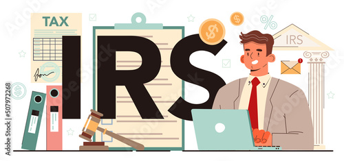 IRS typographic header. Tax inspector accounting and payment