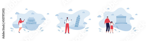 Travel concept and sightseeing collection. Vector flat illustration set. Group of multiethic male and female people. Girl with father. Europe historic building silhouette on background.