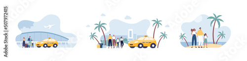 Travel concept and taxi transportation collection. Vector flat illustration set. Group of male and female tourist family with baggage. Car, airplane, hotel building and aiport terminal symbol.