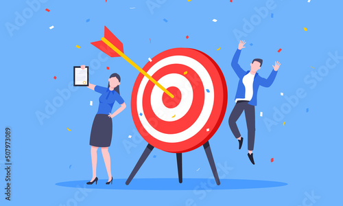 Goal achievement business concept sport target icon and arrow in the bullseye. Happy people jump in the air near giant target flat style design vector illustration.