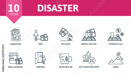 Disaster set icon. Editable icons disaster theme such as liquidation, inflation, currency fall and more.