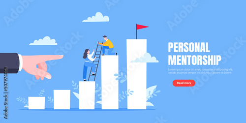 Business mentor helps to improve career and holding stairs steps vector illustration. Mentorship, upskills, climb help and self development strategy flat style design business concept. © Konstantin