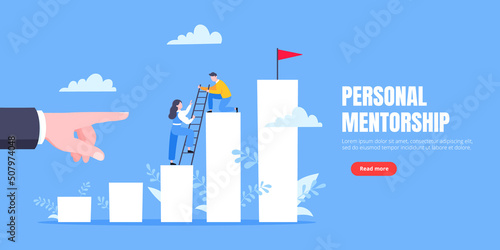 Business mentor helps to improve career and holding stairs steps vector illustration. Mentorship, upskills, climb help and self development strategy flat style design business concept.