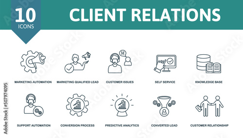 Client Relations set icon. Editable icons client relations theme such as marketing automation, customer issues, knowledge base and more.