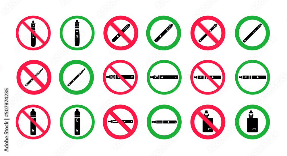 No vaping and vaping area signs. Red forbidden and green allowed circles signs icon set isolated on white background vector illustration. Vape and smoke prohibition and green access circles set. No vaping and vaping area signs. Red forbidden and green allowed circles signs icon set isolated on white background vector illustration. Vape and smoke prohibition and green access circles set.