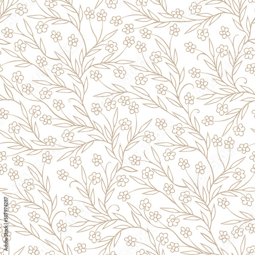 Vector seamless floral pattern with branching flower stems isolated on white background, seamless, hand-drawn, for web background, fabric, paper, doodle style, two-tone.
