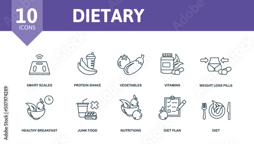 Dietary set icon. Editable icons dietary theme such as smart scales, vegetables, weight loss pills and more.