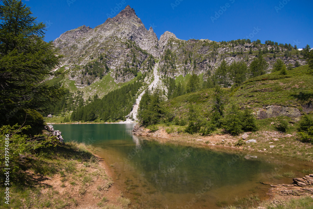 Obraz premium Summer view of Italy Piedmont Alpe Devero Natural Park Lake of Devero with the peaks of Pizzo Crampiolo