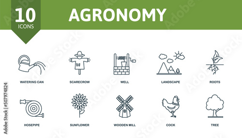 Agronomy set icon. Editable icons agronomy theme such as watering can, well, roots and more.
