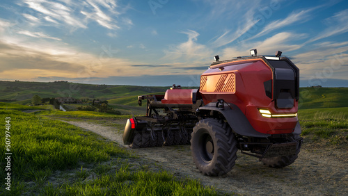 Obraz na płótnie Autonomous farm tractor on a dirt road