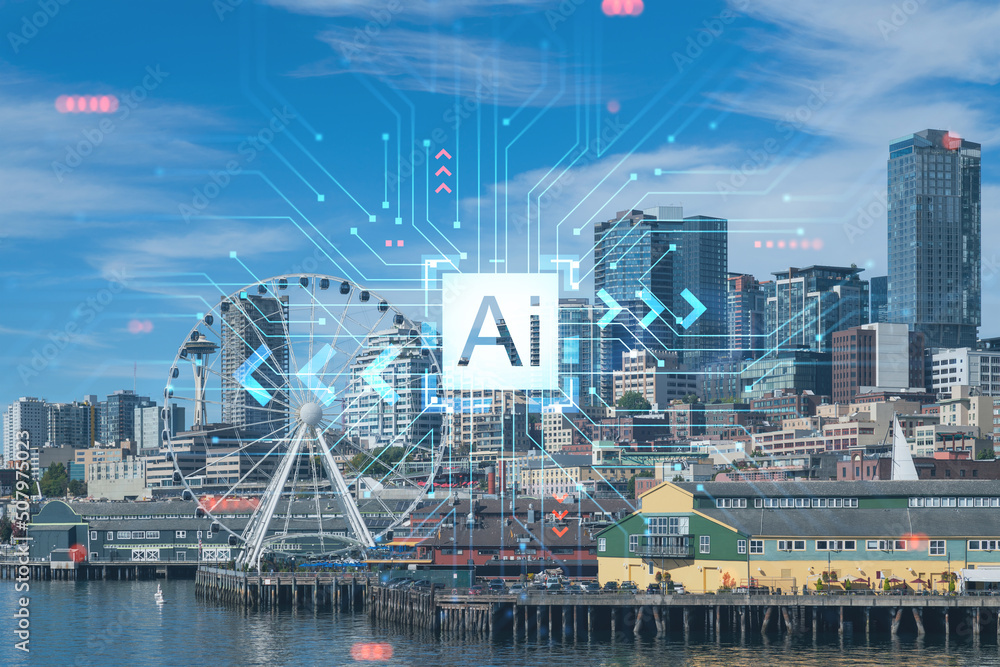 Seattle skyline with waterfront view. Skyscrapers of financial downtown at day time, Washington, USA. Artificial Intelligence concept, hologram. AI, machine learning, neural network, robotics