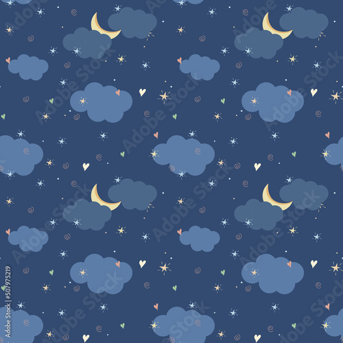 Seamless pattern night sky with clouds and a moon on a dark blue background. Companion. Print for children's textiles, etc.
