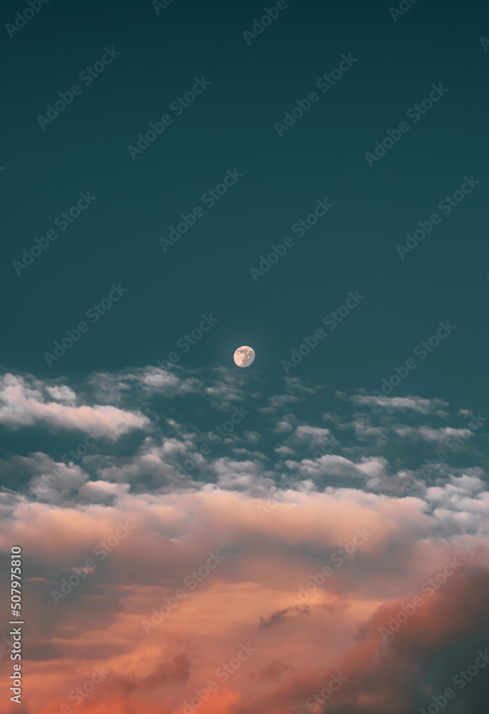 Picturesque photo of subtle moon in the evening sky Picturesque photo of subtle moon in the evening sky