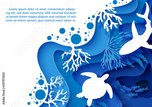 Leinwand Poster Card and poster scene of under the sea and ocean in layers paper cut style and vector design with white sea turtle and shark, example texts