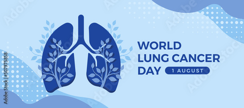 World lung cancer day - blue lung sign with branch and leaves around on abstract purple blue curve and dots texture background vector design
