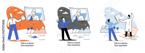 Online medical services mobile application consultation and prescription medicine professional doctor connecting and giving consultation for patient anywhere telemedicine metaphor, health care program