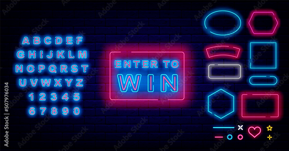 Enter to win neon sign. Game design. Casino concept. Blue shiny alphabet. Frames collection. Vector illustration Enter to win neon sign. Game design. Casino concept. Blue shiny alphabet. Frames collection. Vector illustration