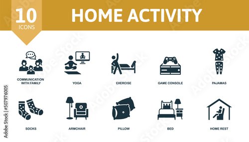 Home Activity set icon. Editable icons home activity theme such as communication with family, exercise, pajamas and more.